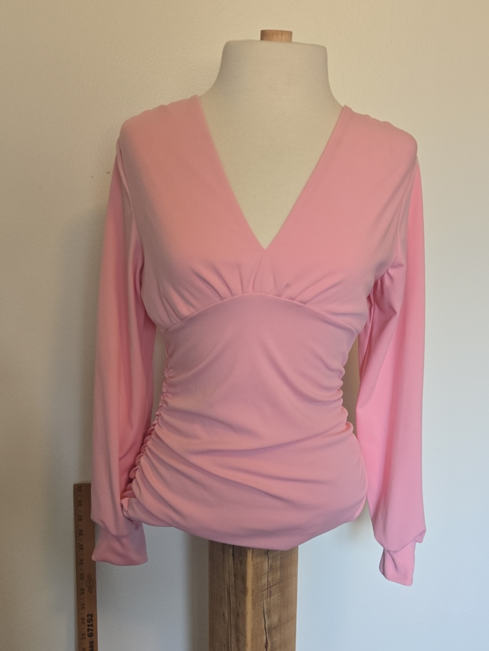 Soft Pink V-Neck Ruched Long-Sleeve Top